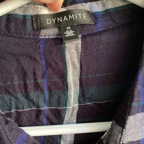 Dynamite blue green white plaid button down shirt with front pockets. - Picture 4 of 7